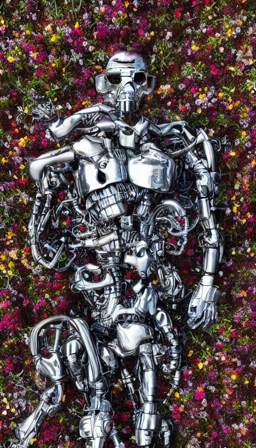 Prompt: destroyed terminator lying in a field of flowers, twisted metal, chrome, reflections, anthropomorphic, photorealism, smoke, metal, 8 k, surreal, wires, smooth, sharp focus, top view, extremely detailed, hyperrealism, elegant, establishing shot, by jeff koons, artgerm and greg rutkowski