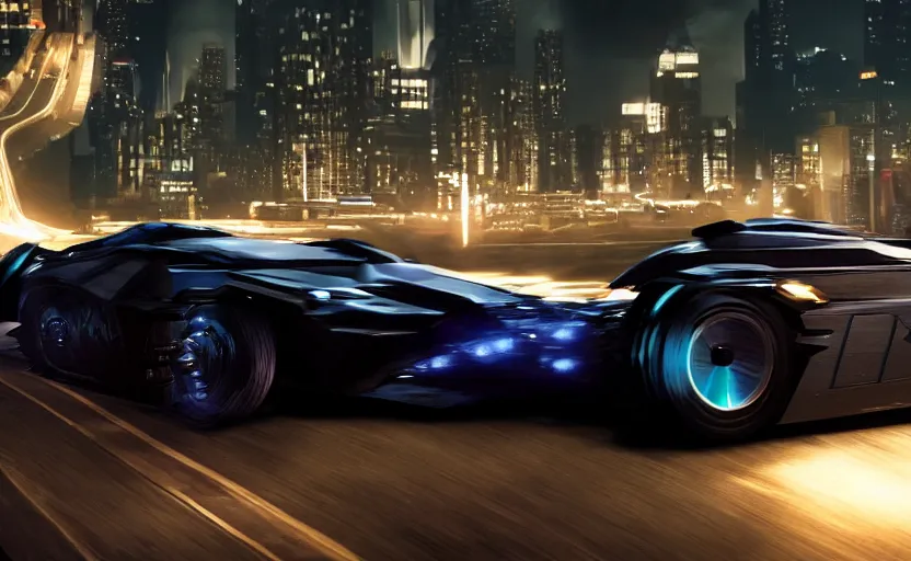 Image similar to A film still of the 2025 Batmobile prototype driving through Gotham at night, 8k