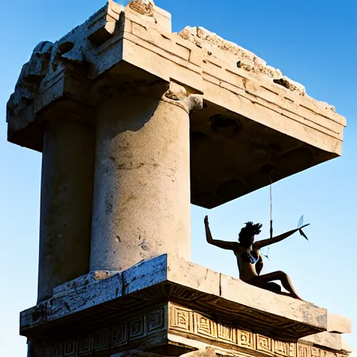 Image similar to tiny greek goddess in steel helmet standing on a giant greek bearded male head, greek temple of olympus glory island, late afternoon light, wispy clouds in a blue sky, by frank lloyd wright and greg rutkowski and ruan jia