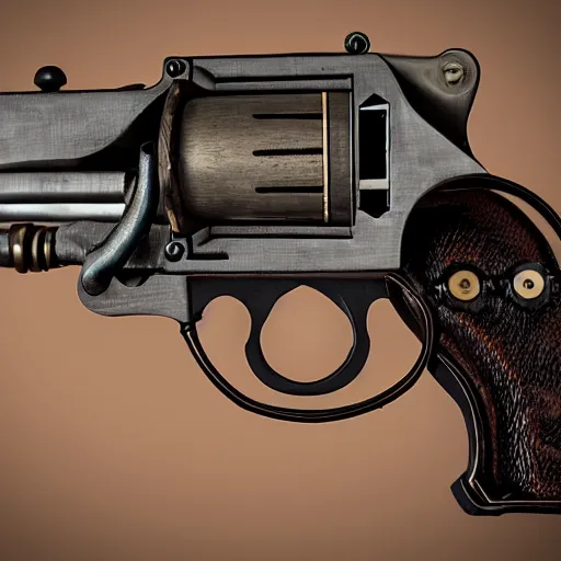 Image similar to product photography of a steampunk revolver