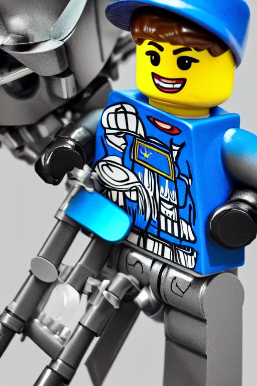 Prompt: a lego minifigure wearing a blue jean and blue t - shirt, he also wears a grey beanie \ there is a ducati panigale behind him, 3 d octane render, artstation, concept art, smooth, sharp focus ilustration hq, octane render, hyperrealistic, aenaluck, artgerm and roberto ferri and greg rutkowski