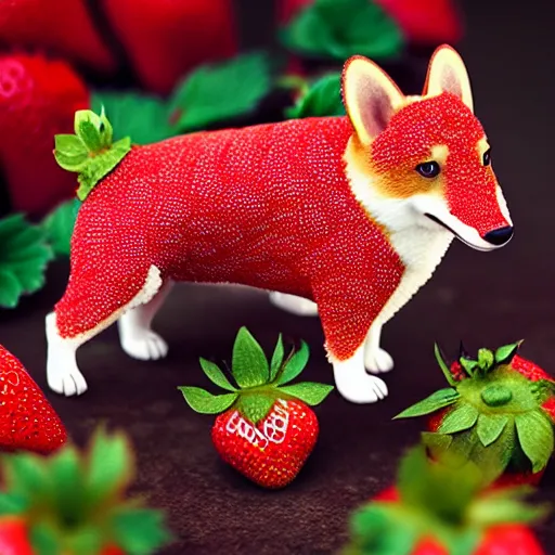 Image similar to corgi made of strawberry, corgi crossed with a strawberry : ornate, dynamic, particulate, intricate, elegant, highly detailed, centered, artstation, smooth, sharp focus, octane render