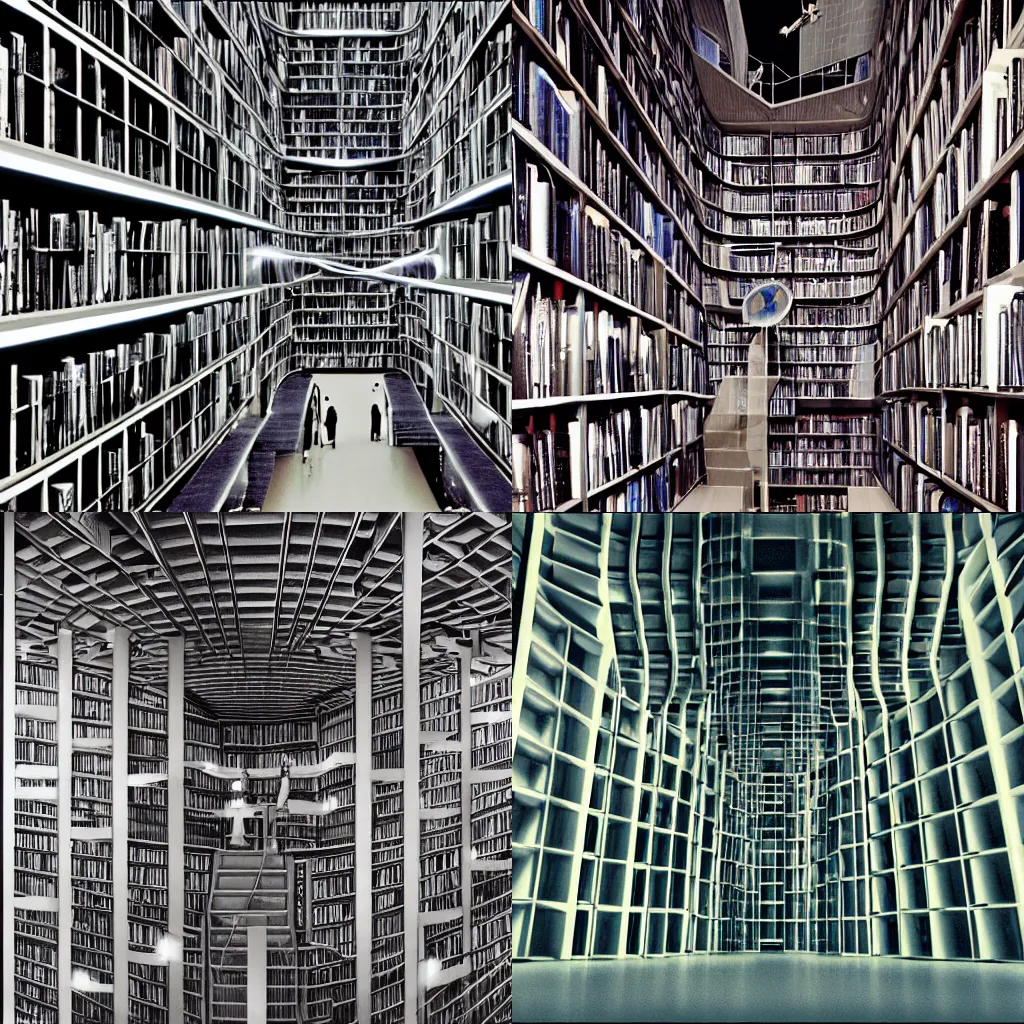 Prompt: the library atrium of a supermassive colony spaceship, a labyrinth of elegant bookshelves in zero gravity, concept art, f/22, 35mm