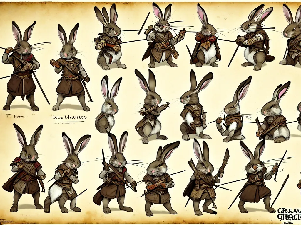 Image similar to character design sheet for a group of heroic rabbit archers on a parchment background, redwall, greg rutowski and jean baptiste monge, very very detailed, epic fantasy concept art