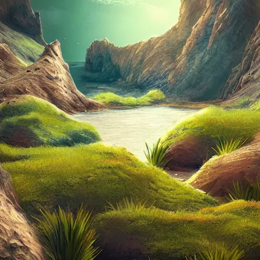 Image similar to digital art of a lush natural scene on an alien planet. beautiful landscape. weird vegetation. cliffs and water. grainy and rough. soft interesting colour palette. beautiful light. high quality render.