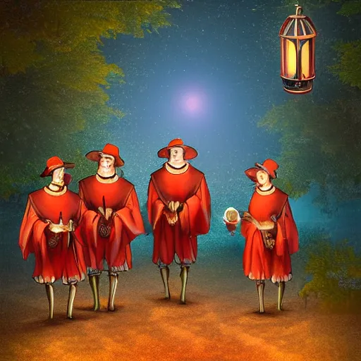 Image similar to A group of Spanish inquisitors holding lanterns on a sandy beach Cove in middle of a magical forest in night, detailed digital art