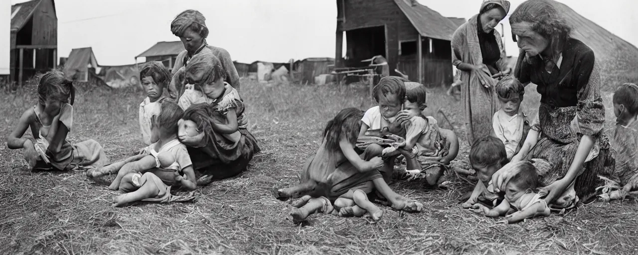 Image similar to dorothea lange's photograph of a struggling mother with her children feeding spaghetti in 1 9 3 6, rural, in the style of diane arbus, canon 5 0 mm, kodachrome, retro