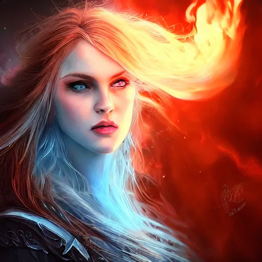 Prompt: the picture of a beautiful woman knight, blue eyes, burning fire hairs, epic fantasy art, mystical, mystic atmosphere, mythology, photo realistic, high detail, ultra realistic, hyper realistic, high definiton, 4 k uhd,