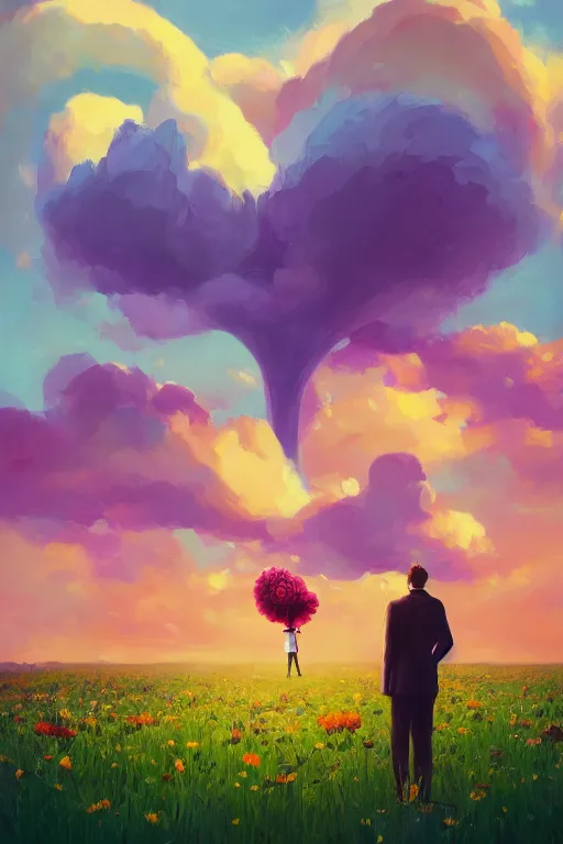 Image similar to portrait, giant flower as head, black woman in suit, surreal photography, golden hour, colorful clouds, impressionist painting, digital painting, artstation, simon stalenhag