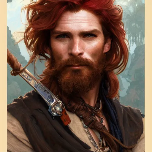 Prompt: portrait of a young ruggedly handsome but joyful pirate, male, masculine, upper body, red hair, long hair, d & d, fantasy, seductive smirk, intricate, elegant, highly detailed, digital painting, artstation, concept art, matte, sharp focus, illustration, art by artgerm and greg rutkowski and alphonse mucha