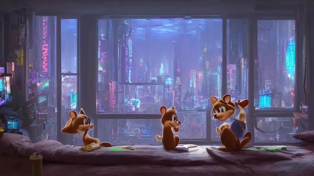 Prompt: Chip and Dale in the apartment room in a cyberpunk city, soft god rays from city lights outside the window, unreal engine 5, soft neon atmosphere, photorealistic, soothing colors, somber melancholic matte painting, hyperrealism, hyperrealistic, cinematic masterpiece, cyberpunk style 8k ultrahd octane render