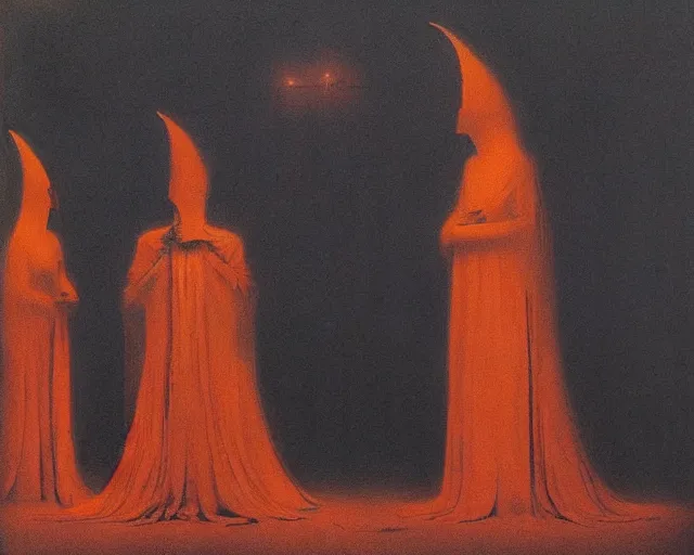 Prompt: by francis bacon, beksinski, mystical redscale photography evocative. devotion to the scarlet woman in her cathedral, priestess in a conical hat, coronation, ritual, sacrament