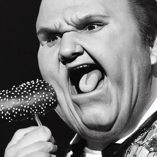 Image similar to meatloaf the singer eating a hot dog