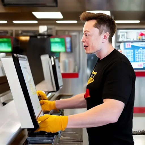 Image similar to elon musk working at burger king, elon musk working the register at a fast food restaurant