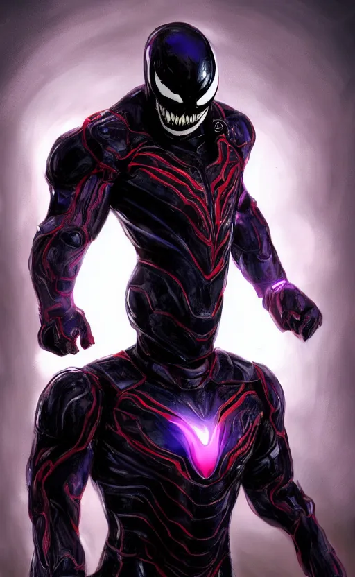 Image similar to venom in a venom inspired ironman suit, purple, black and red, dynamic lighting, photorealistic fantasy concept art, trending on art station, stunning visuals, terrifying, creative, cinematic