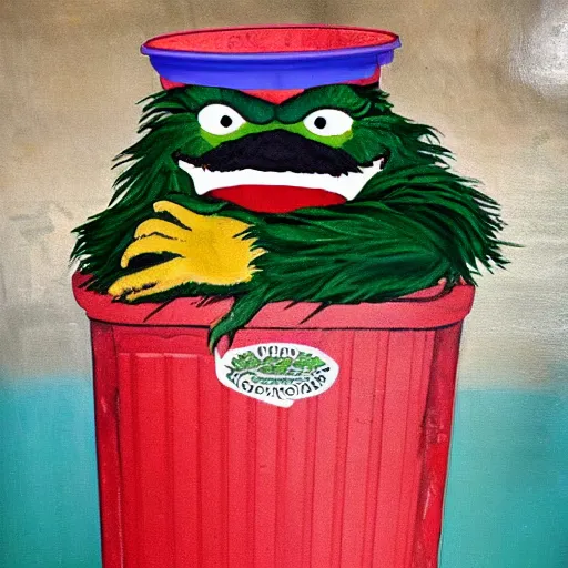 Image similar to oscar the grouch in an old garbage can gets given a gold plated garbage can, fresco painting