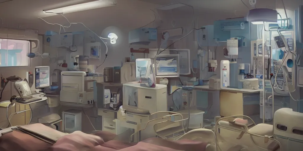 Prompt: interior of a cancer treatment center, close up of a nurse's station, designed by Goro Fujita and Simon Stalenhag, 8k, trending on Artstation, hyper detailed, cinematic