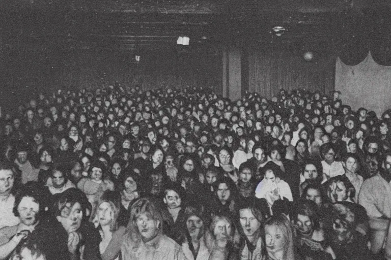 Image similar to photo of a room of people staring at a live demon, the vibe is eerie, the image is low quality and in color, it was found on the deep web.