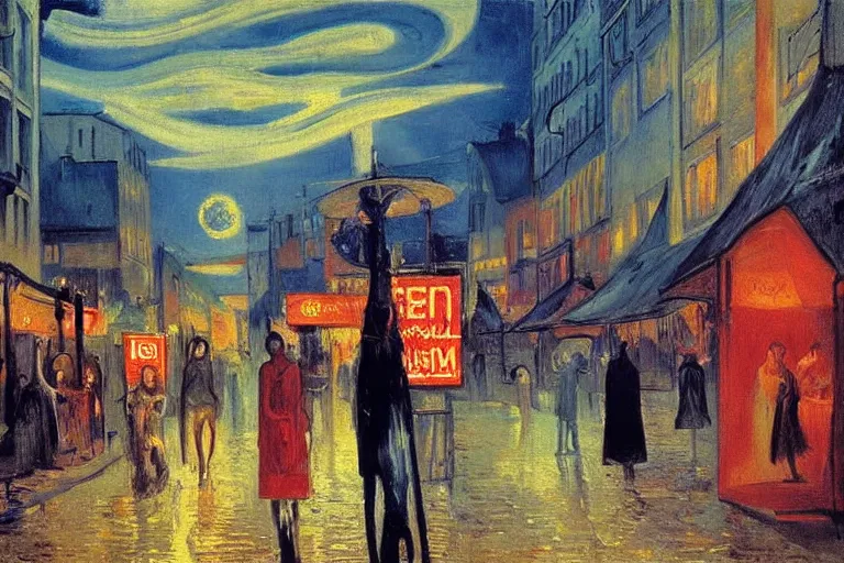 Image similar to dream festival in a city, low angle view from a city street lined with shops and apartments, glowing street signs, revelers playing games and shopping at a night market, oil painting by edvard munch, beksinski, chiaroscuro, baroque