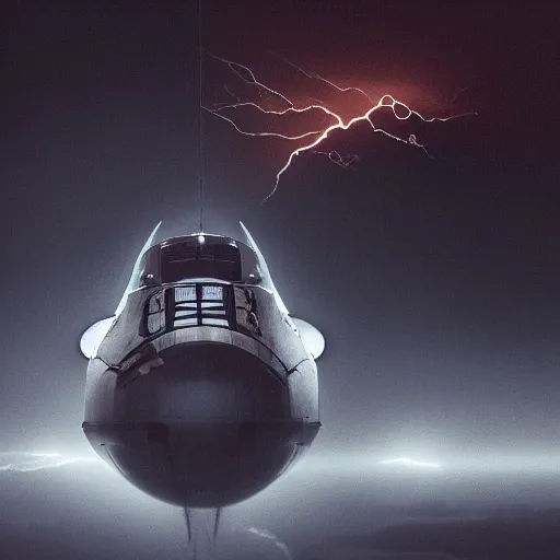 Image similar to a detailed intricate spaceship flying through a lightning storm, moody, cinematic, atmospheric