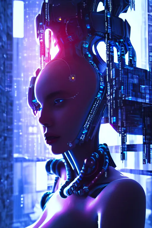 Image similar to cyberpunk beautiful woman, abstract black oil, gear mecha, detailed acrylic, grunge, intricate complexity, rendered in unreal engine, photorealistic, neon ambiance