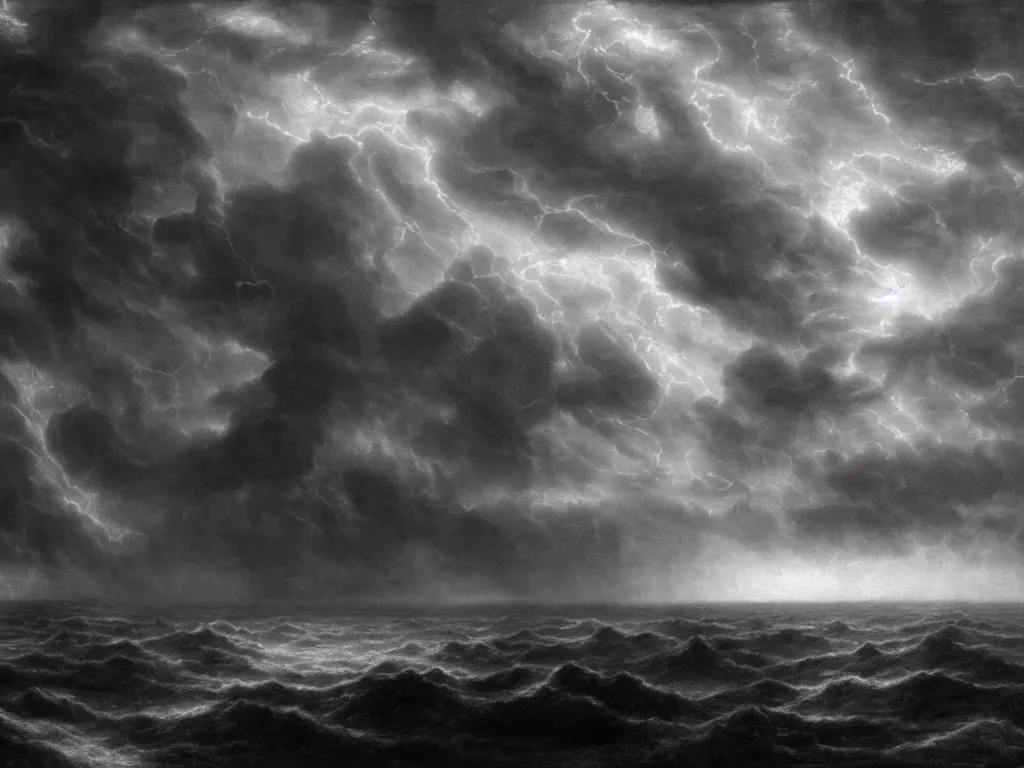 Image similar to very detailed, dark super storm, hyper realistic clouds, impressive, magical, very atmospheric, fog, cinematic, deep, very high complexity, stunning, dramatic masterpiece, iridescent, chiaroscuro, by gustave dore, caspar david friedrich, ian miller, very detailed. 4 k