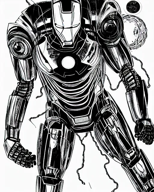 Prompt: black and white sad iron man with wires eat banana on hands on the destroed moon, wires earth background, by tsutomu nihei