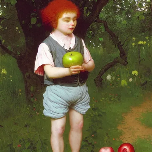 Prompt: wide - shot, 1 0 years old boy with slightly wavy red hair, wearing white and pink shirt with laces! and green!! shorts, 1 8 th century, holding an apple, sitting!!! in the wild garden with apple trees, digital art, oil painting, masterpiece, by greg rutkowski, by mucha, by kinkade