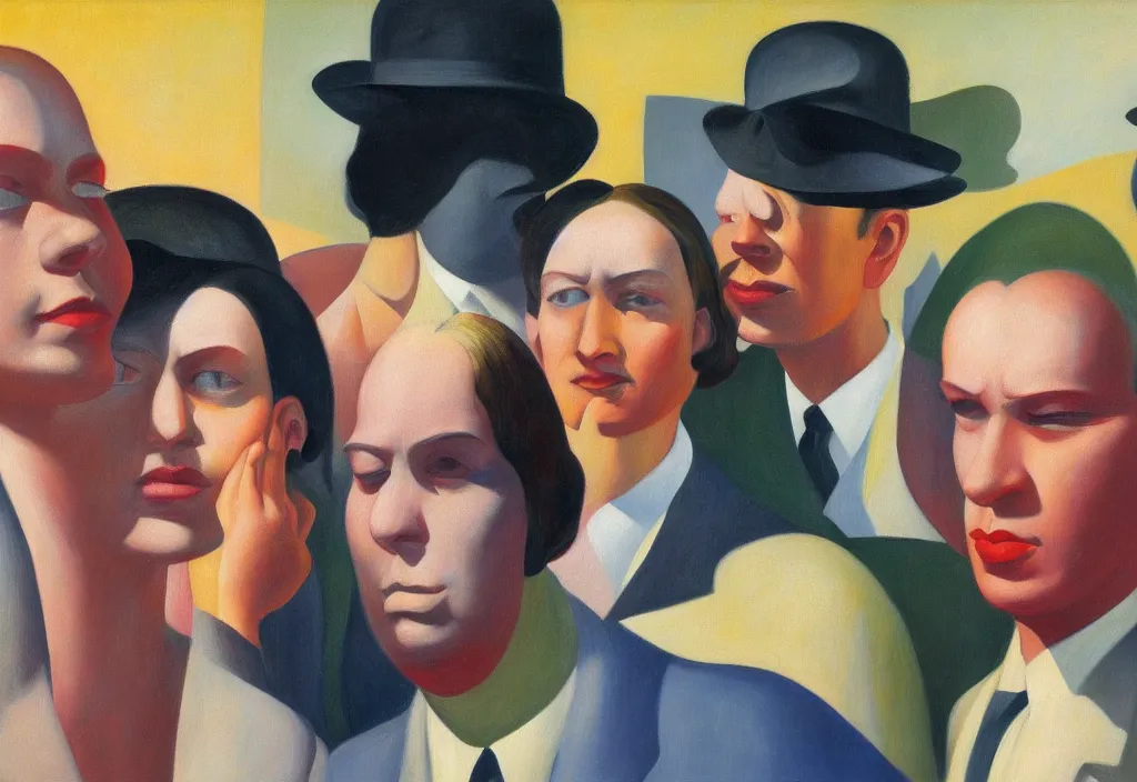 Image similar to group of people pictured in afternoon light, close - up of the faces, surrealist oil painting by edward hopper, dora maar and rene magritte