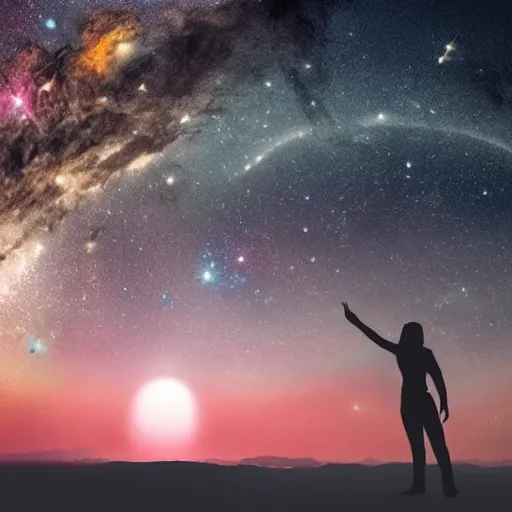 Prompt: a celestial being at sunset in the cosmos in front of a galaxy