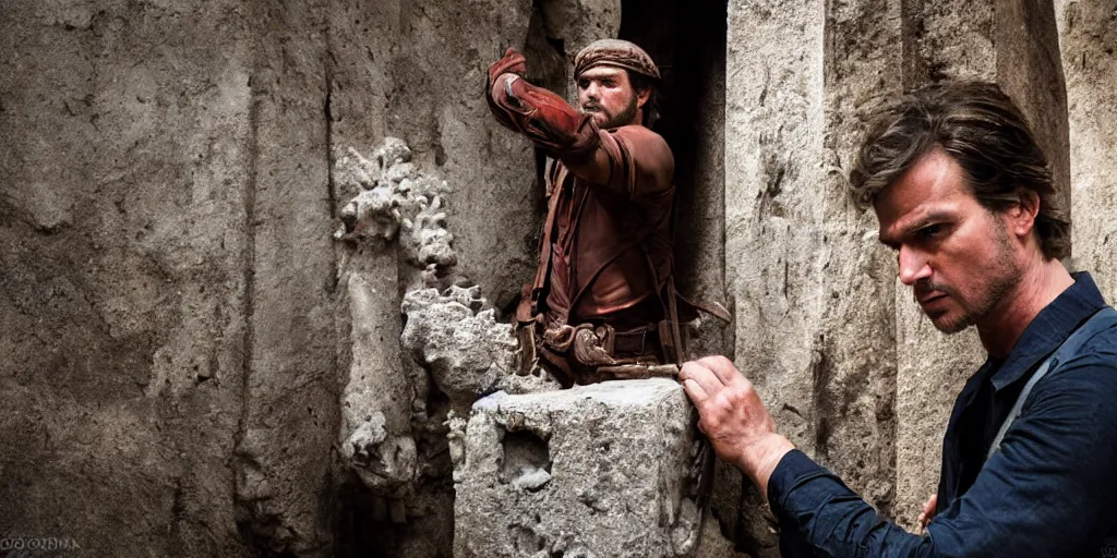 Prompt: film frame of fabio rovazzi taking a trasure from an ancient temple. indiana jones style 4 k quality rule of thirds fabio rovazzi dressed as indiana jones detail cinematic color grading by christopher nolan. portrait photography. close shot