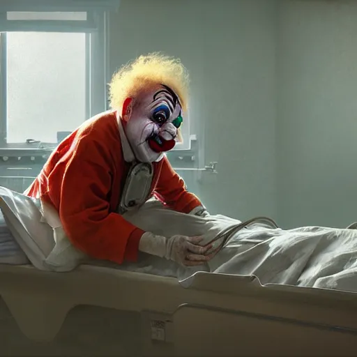 Prompt: elderly clown restrained to hospital bed with wrist restraints attached to hospital bed, greg rutkowski, photograph, 8 k