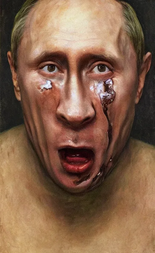 Image similar to Putin devouring used diapers covered in brown substance, Putin portrait, brown liquid dripping down mouth, face of fear, ugly body painted by Lucian Freud, Ilya Repin