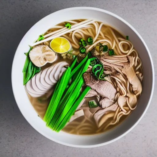 Image similar to flatlay realistic photo of delicious pho, ramen, highly detailed, natural light, 8 k hd, award winning, food photography, 3 5 mm,