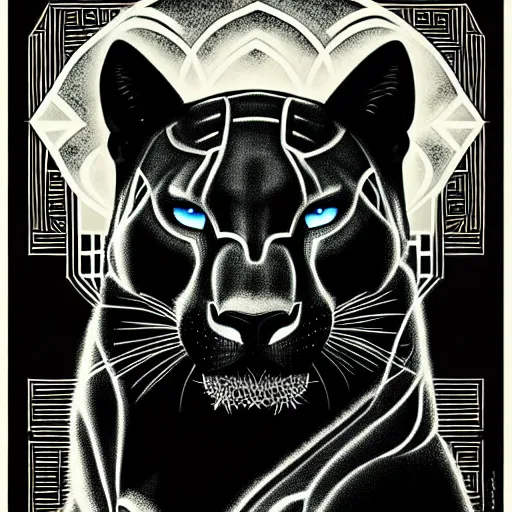 Image similar to artdeco illustration of one beautiful majestic black panther. beautiful. mysterious. intricately detailed. meticulously rendered. background is a jungle. epic skym hd. trending on art station. h 7 6 8