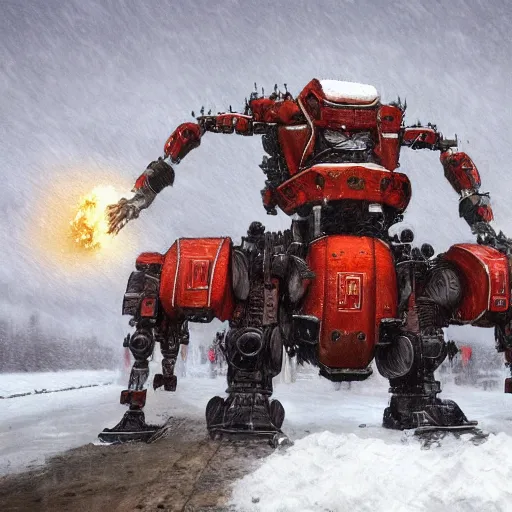 Image similar to russian walking steam mecha machine in the snow, Rozalski, trending on artstation