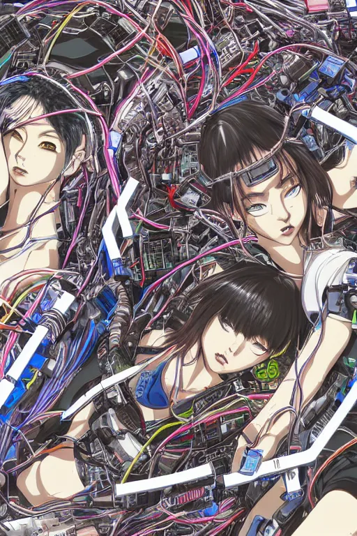 Image similar to cyberpunk anime illustration of a group of female androids lying on an empty white floor in various poses with their bodies open showing a tangled mess of wires and cables coming out, by katsuhiro otomo and masamune shirow, hyper-detailed, colorful, beautiful, bird view