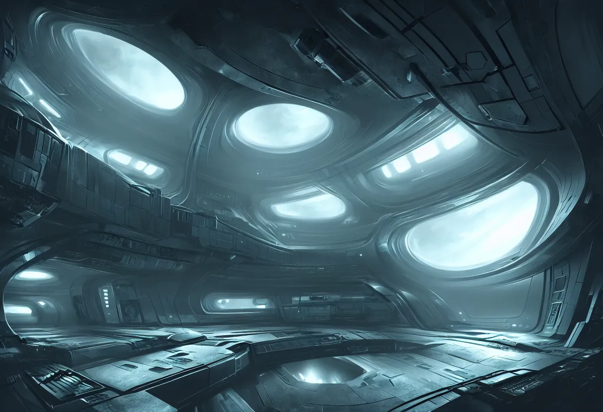 Image similar to inside of alien space ship of human mind and imagination, matte painting, beautiful render, octane render, concept art