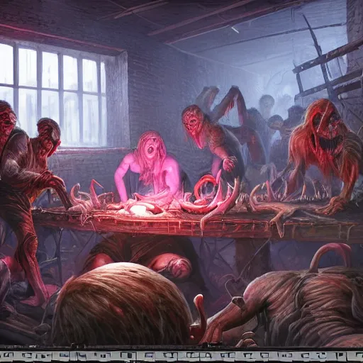 Image similar to evil souls being produced in incomprehensible sweatshop under fluorescent light hell, advanced, photorealistic, realistic, dramatic lighting, fantastic reality, by jeff easley, 8 k resolution
