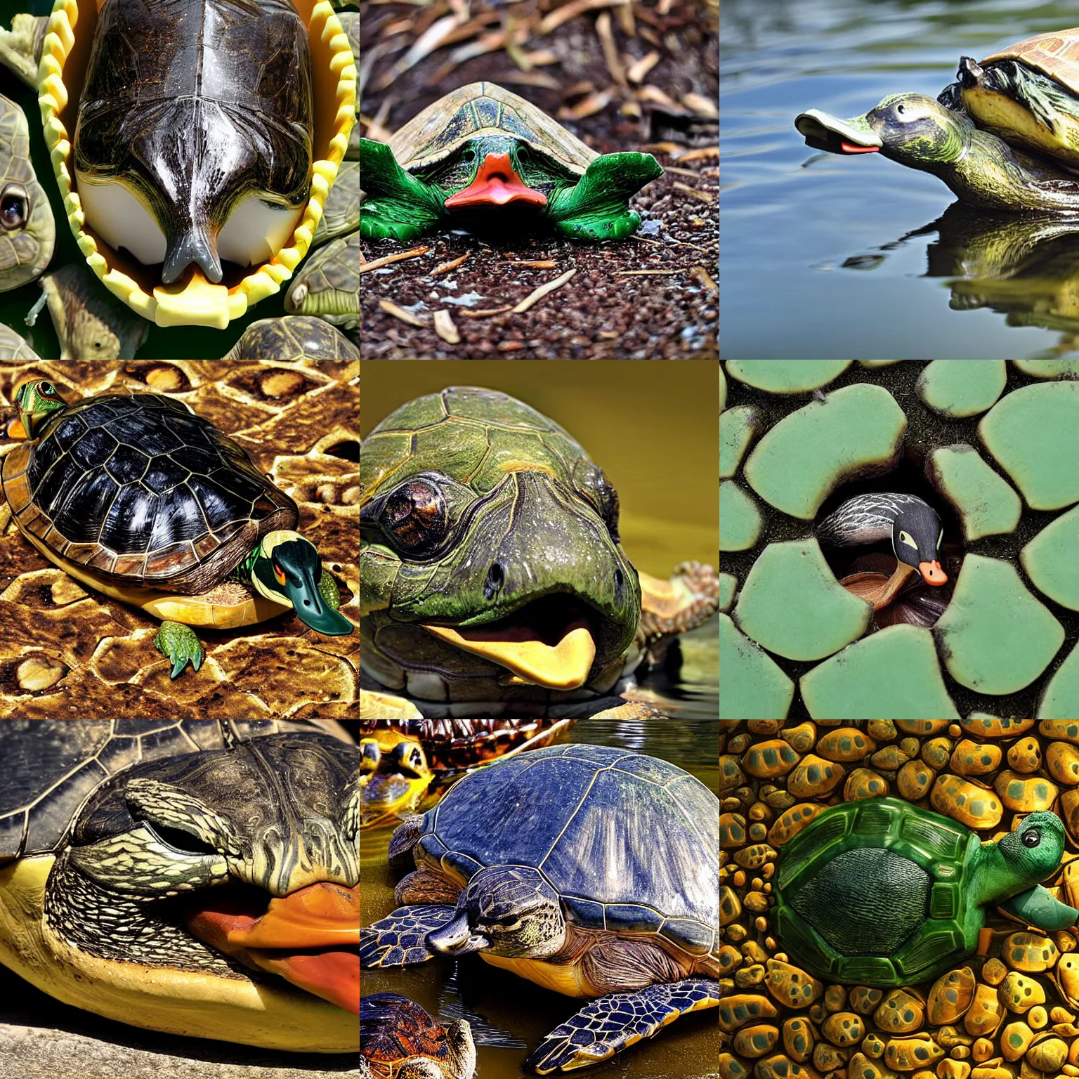 Image similar to a duck head coming out of a turtles shell, high resolution photograph