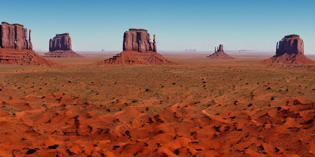 Image similar to a Monument Valley scenery, camps in the background