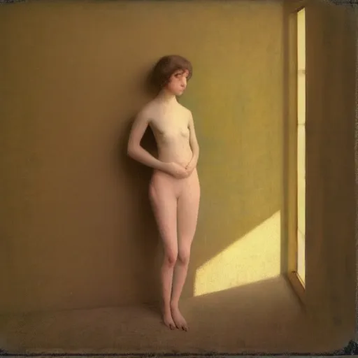 Image similar to beautiful girl in an empty room, daguerreotype by segantini, by Edward hopper, by Klimt, art noveau, highly detailed, strong lights, liminal, eerie, Bright pastel colors, octane render, 8k