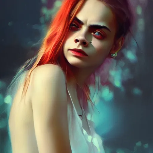 Prompt: cara delevingne, colorful oil painting by greg rutkowski, charlie bowater, yuumei, yanjun cheng, unreal 5, daz, hyperrealistic, octane render, rpg portrait, dynamic lighting, fantasy art, beautiful face