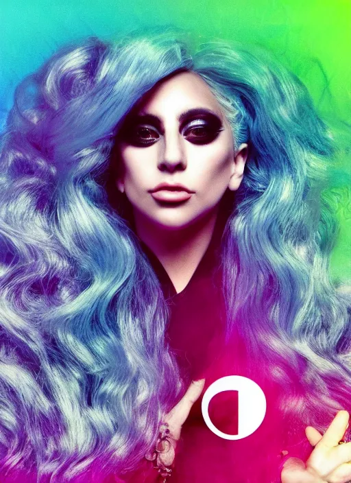 Image similar to lady gaga with long white hair holding a peace sign, an album cover by Hedi Xandt, featured on deviantart, holography, smokey background, matte background, seapunk High resolution. Highly detailed. Dramatic. 8k.4k.