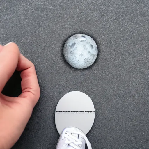 Prompt: photo of vinyl plastic painted toy grey moon face with craters with hands standing on legs wearing sneakers