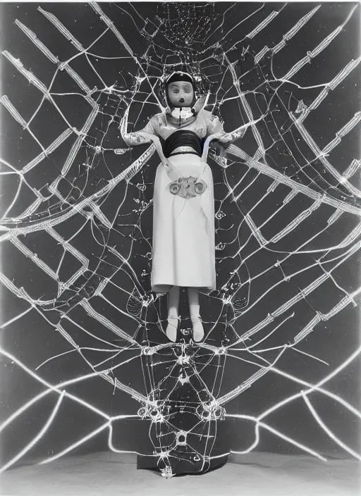 Image similar to Portrait of a fractal cosmonaut girl wearing kimono made of circuits and leds, surreal photography by Man Ray