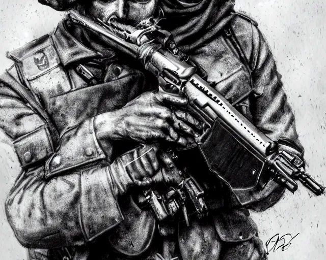 Image similar to A soldier with a hateful face holding a machine gun, world war 1, close-up, realistic face, beautiful face detail, mature facial features, black and white, amazing digital art, hyper detailed, artstation, in the style of Tony Sart