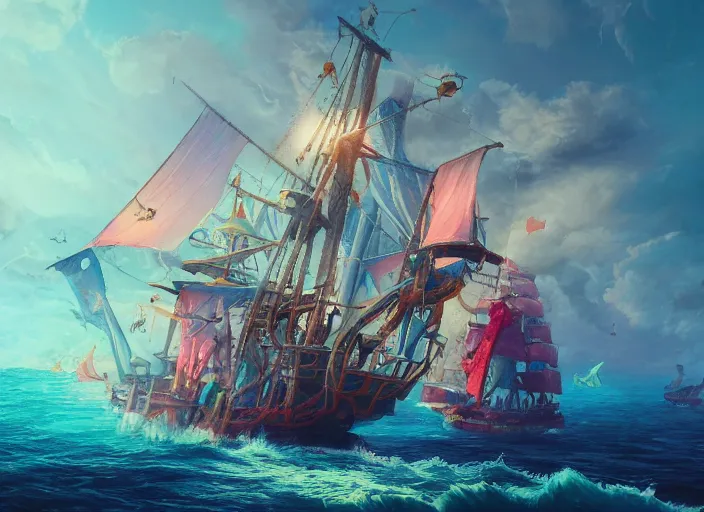 Image similar to detailed concept art illustration colorful pastel painting of a pirate ship on the ocean in full intricate sails and water, ultra detailed, digital art, octane render, 4K, dystopian, micro details