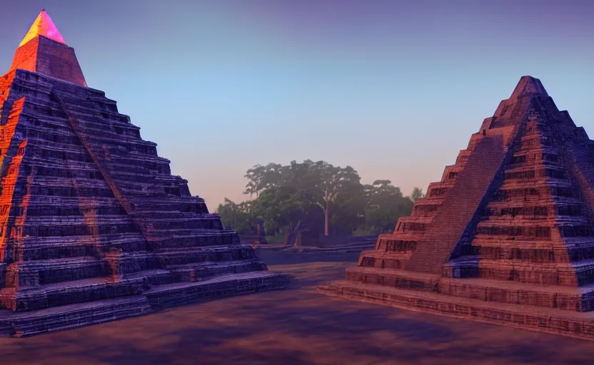 Image similar to crystal tetrahedron in the middle of an aztec temple, sunset, godrays, orange and blue sky, volumetric lighting, a high - quality render, photorealistic, unreal engine 5