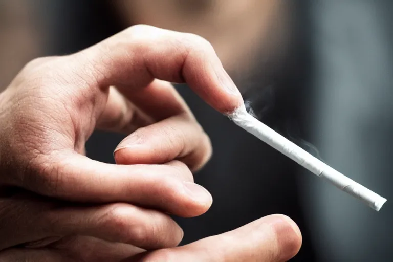 Image similar to Close-up of thin soft hand, cigarette with smoke, hand with five fingers, hyper realistic, high details, photo, super resolution